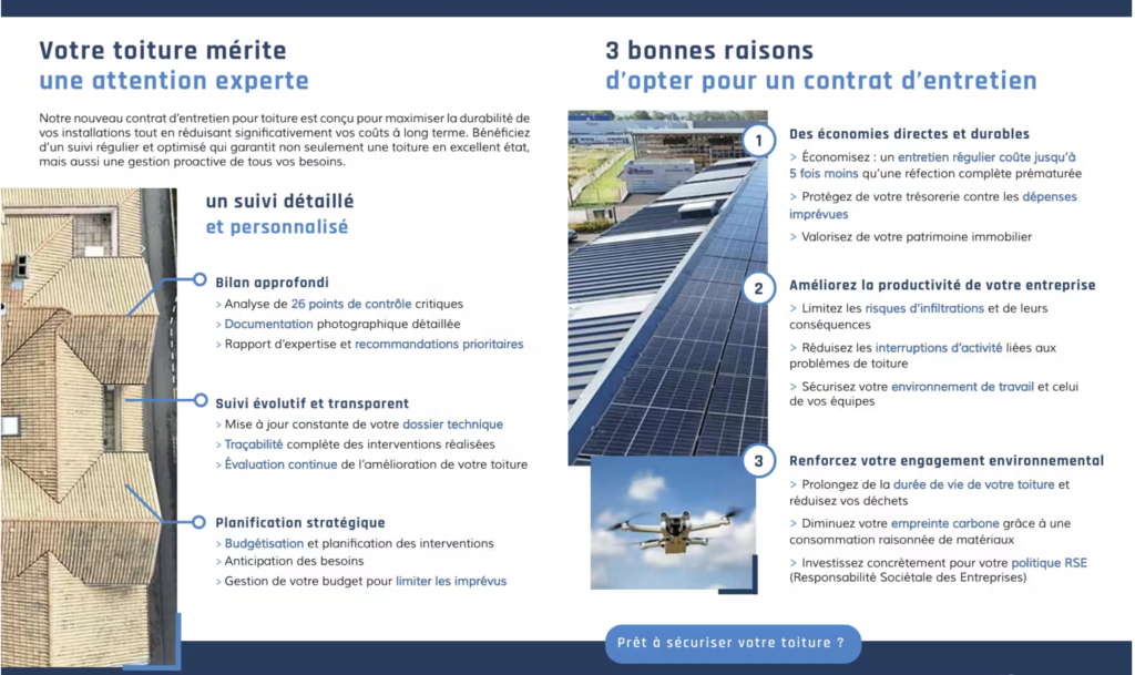 votre toiture mérite une attention experte. 3 bonnes raisons d'opter pour un contrat d'entretien : économies directes et durables, améliorez la productivité de votre entreprise et renforcez votre engagement environnemental