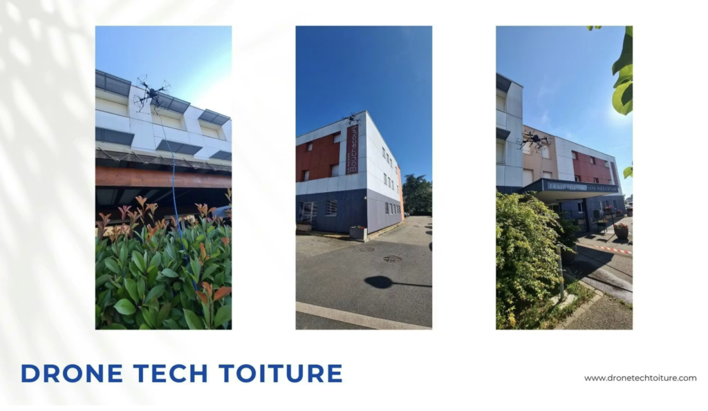 images d'un drone survolant des bâtiments